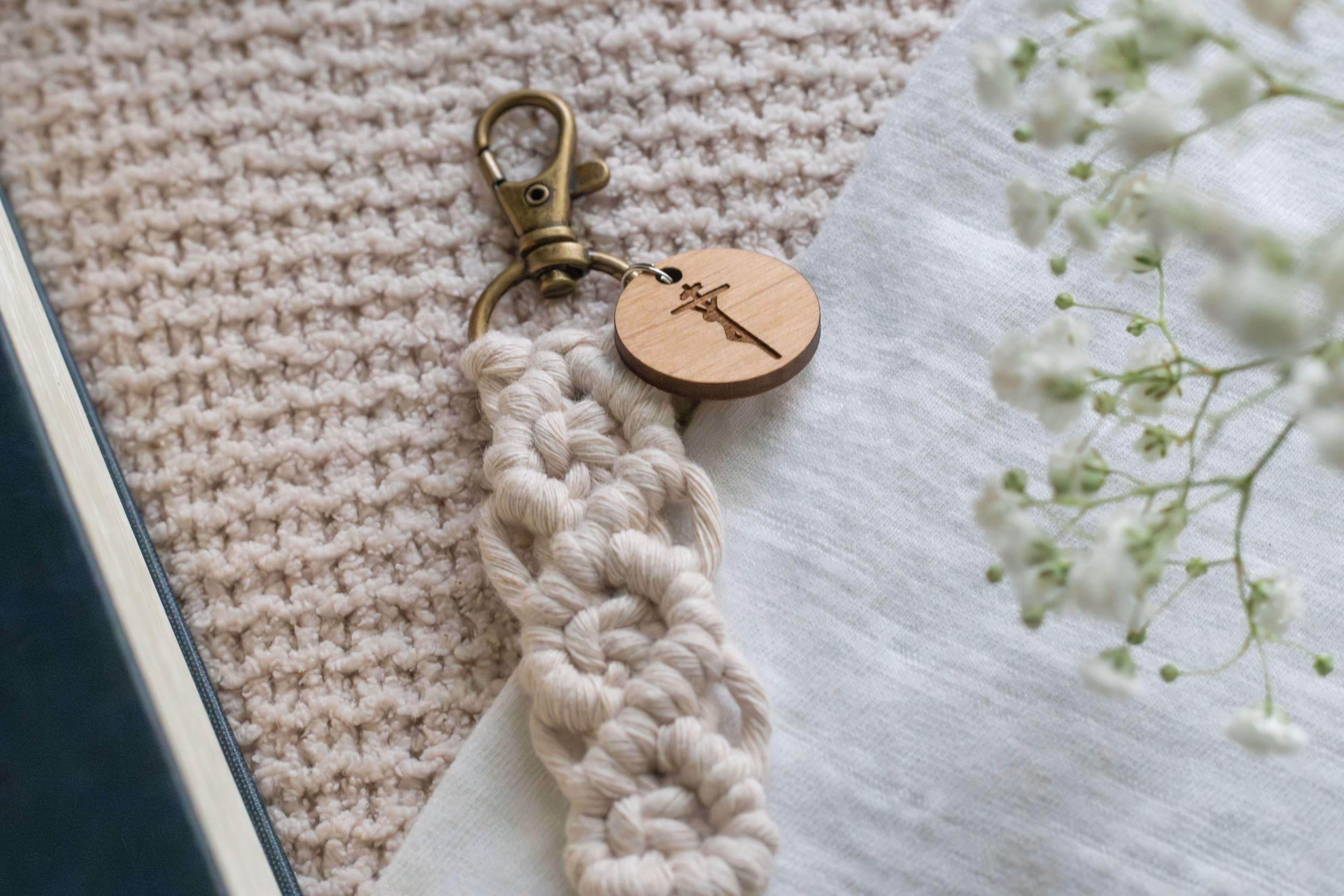 Catholic macrame keychain with wood cross attachment