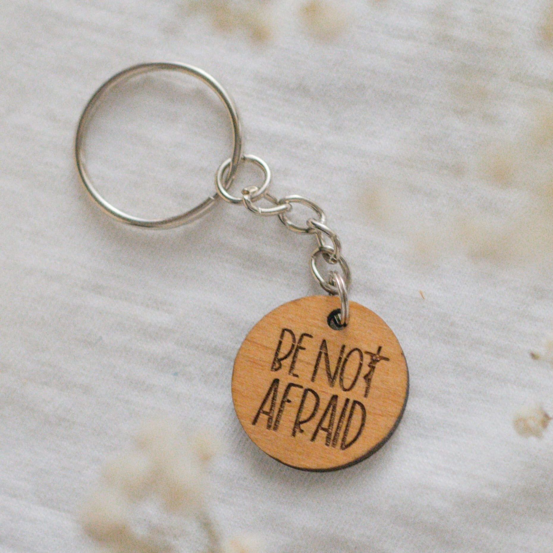 Be Not Afraid Catholic wood keychain
