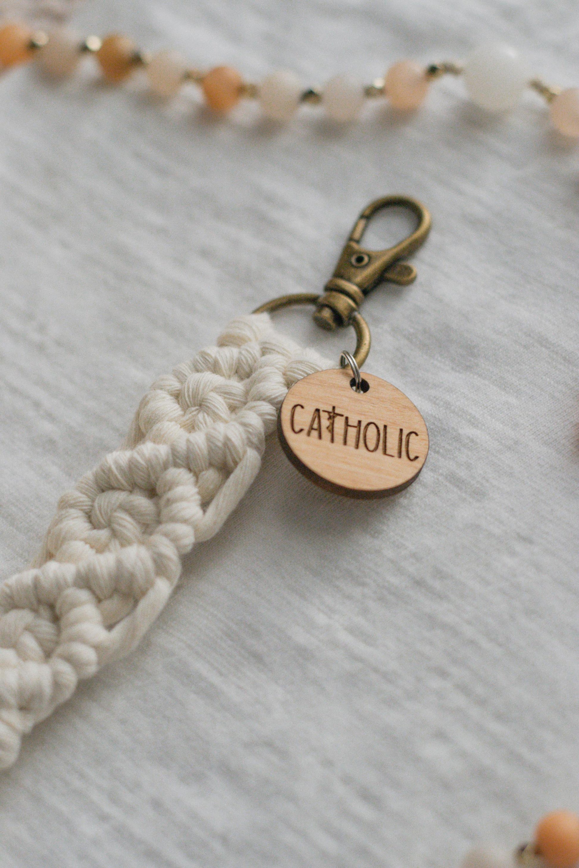 Catholic wood charm keychain