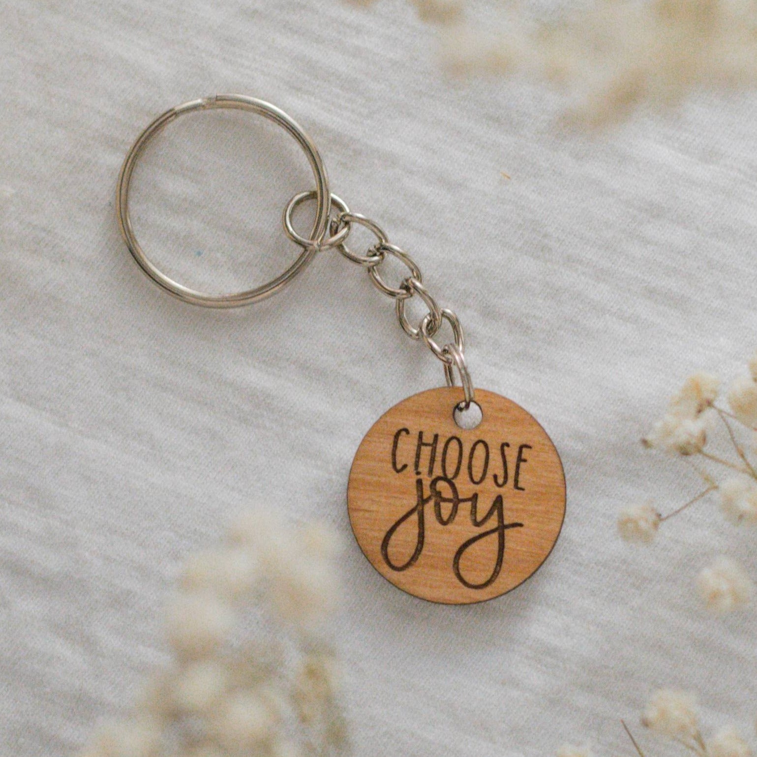 Choose Joy Catholic wood keychain