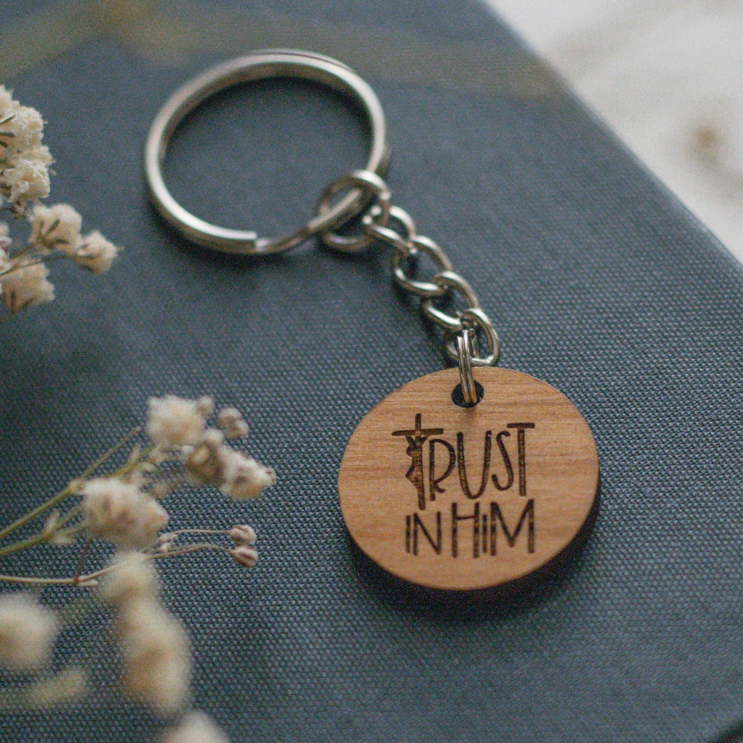 Trust in Him - Catholic Wood Keychain